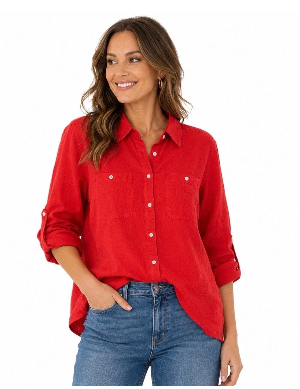 Lauren Ralph Lauren 100% Linen Red Button Up Shirt Womens 2X Roll Tab